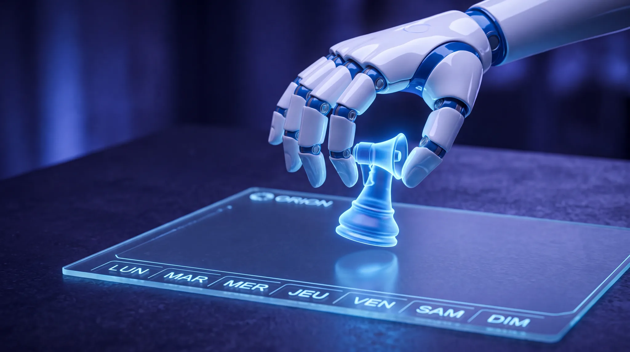 Main d'android jouant une pièce d'échecs mégaphone sur un plan média holographique aux jours français — la stratégie d'Orion