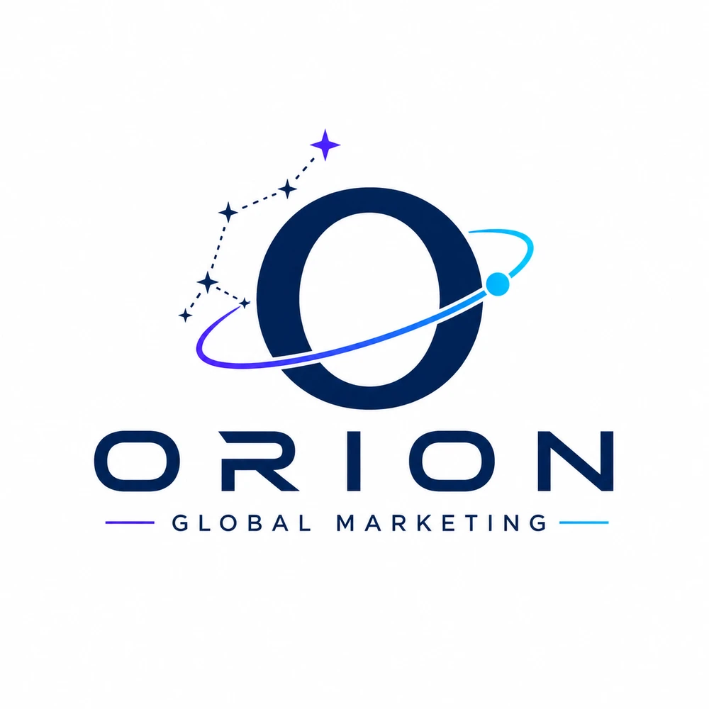 Logo officiel Orion Global Marketing : lettre O bleu marine ceinte d'une orbite bleu-violet et de la constellation d'Orion, sous le mot ORION GLOBAL MARKETING — identité de marque de la plateforme d'agents marketing